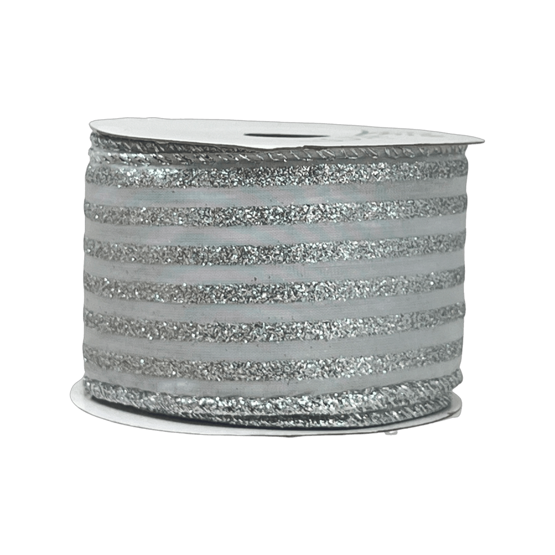 (Tch01507S) Liston navideño Lineas Escarchadas 6Cm 9M plata