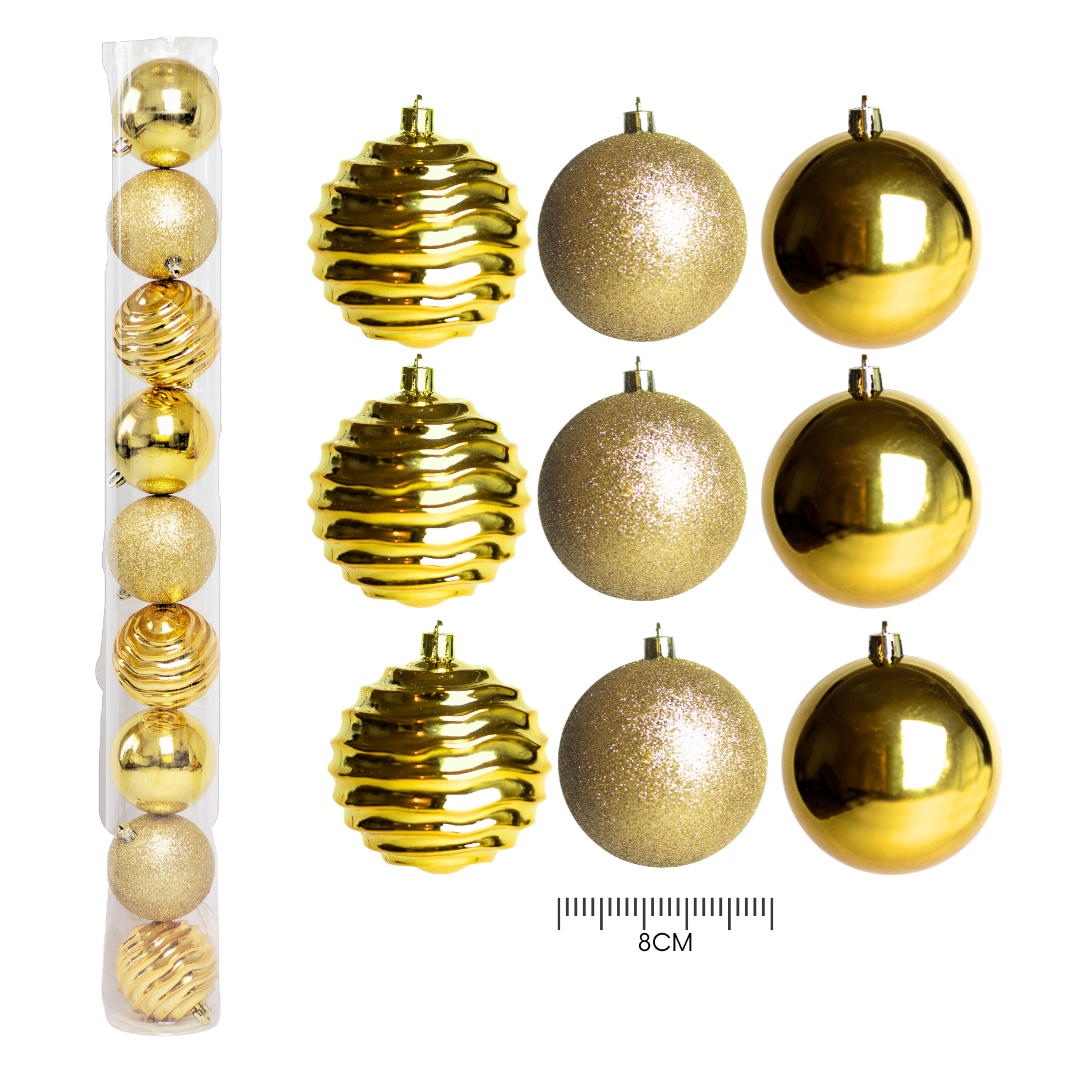 (Bhk01004G) Paq. De Esferas navideñas De 8Cm C/9Pcs, Dorado