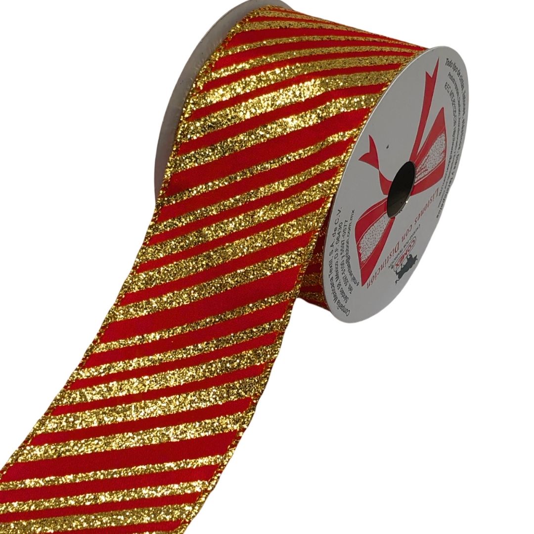 (9027) Liston navideño diagonal rojo con oro