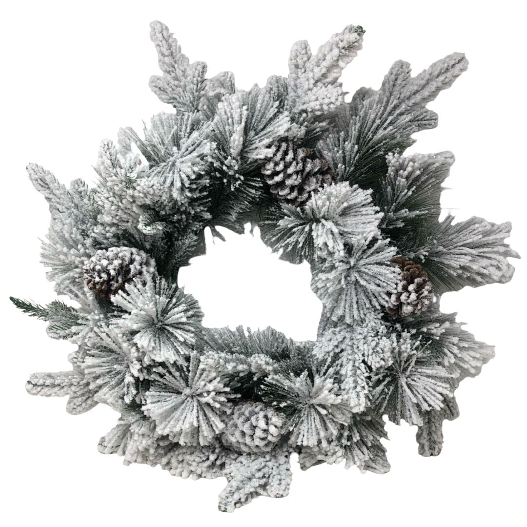 (ADV0205BL-50) Corona nevada con piñas, 50 cm