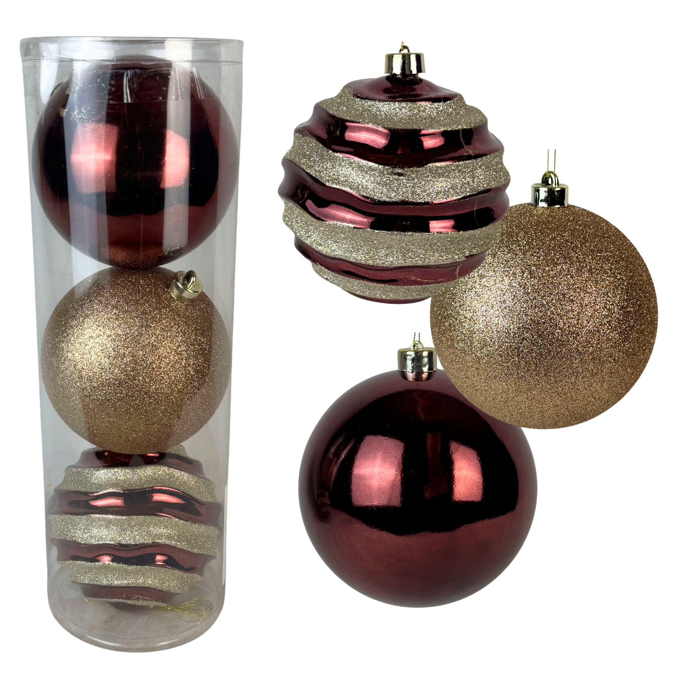(BHK00226BUCHG) Esfera 15 cm tubo c/3 pz vino/champaña