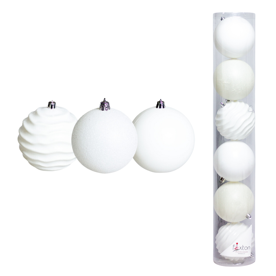 (BHK01113W) Esferas navideñas de 10 cm mixta c/6 pzs blanco