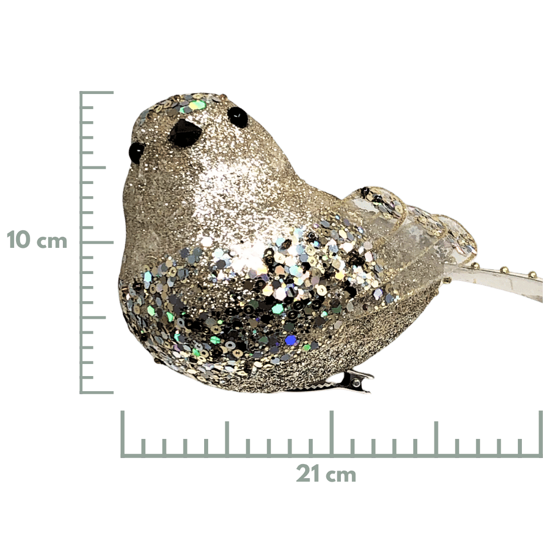 (CCY0228CH) Pajaro glitter clip de 21x10x8.5 cm champaña