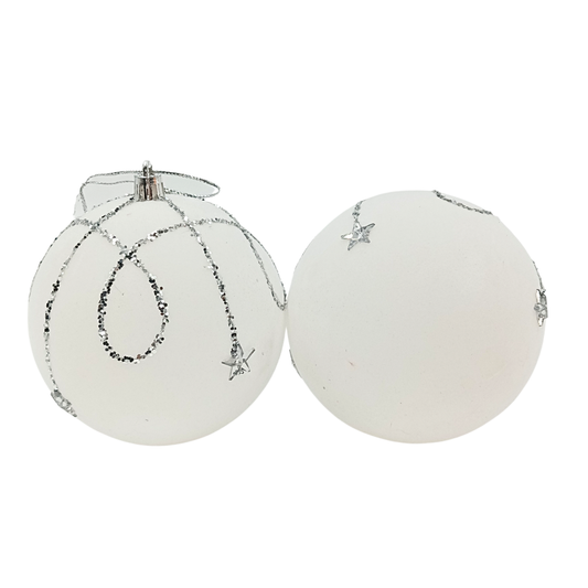 (ESF0263BL) Esfera terciopelo y estrellas 10 cm blanco 2 pz