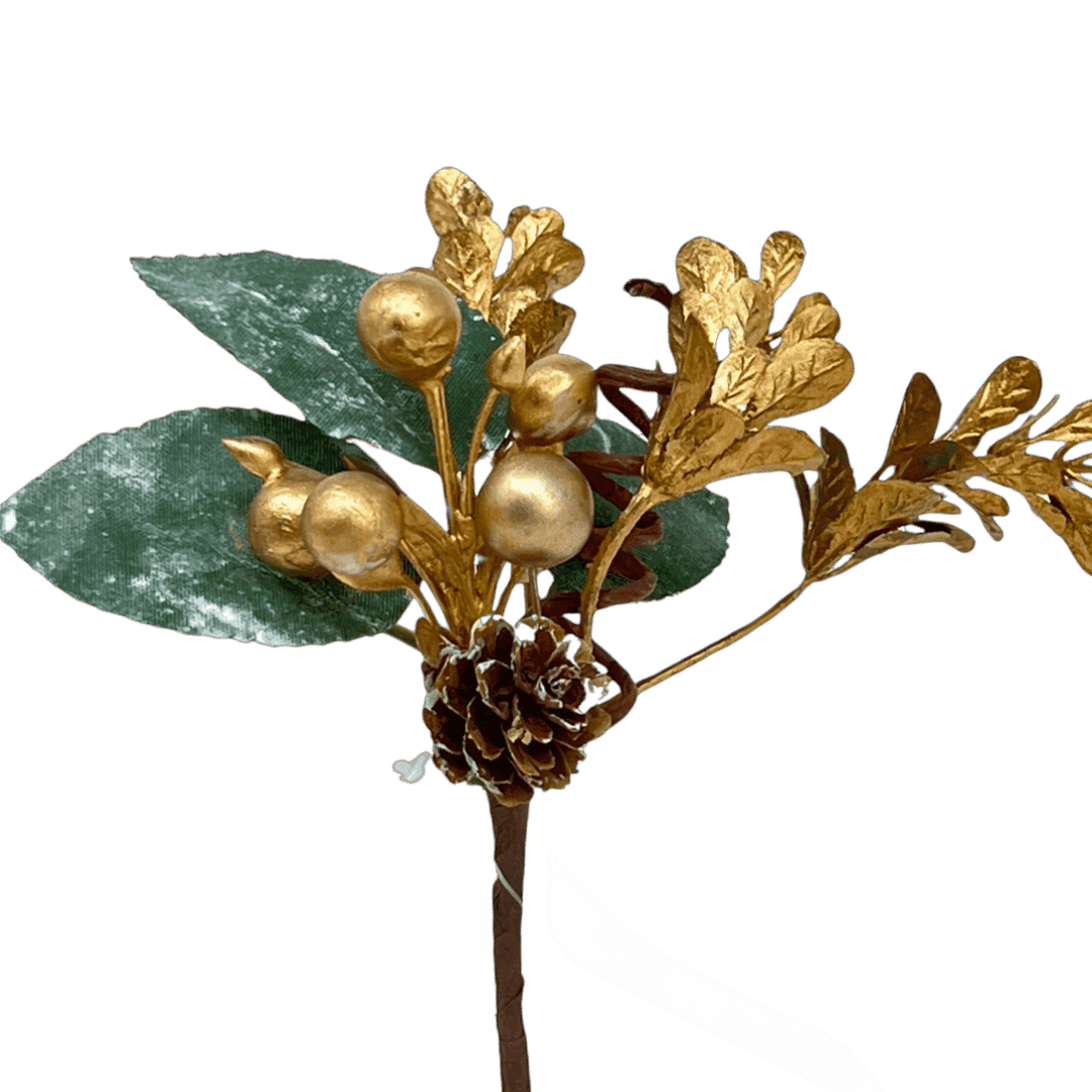(FLA01450G) PICK FOLLAJE CON PIÑAS 15CM ORO
