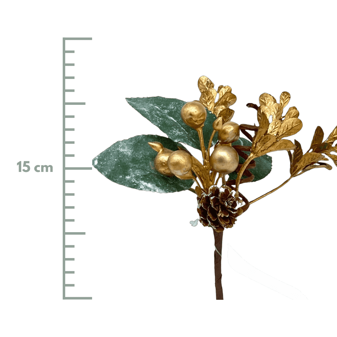 (FLA01450G) PICK FOLLAJE CON PIÑAS 15CM ORO