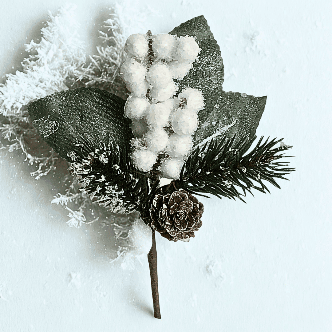 (Fla01451) Pick pino nevado con piña 17 cm blanco