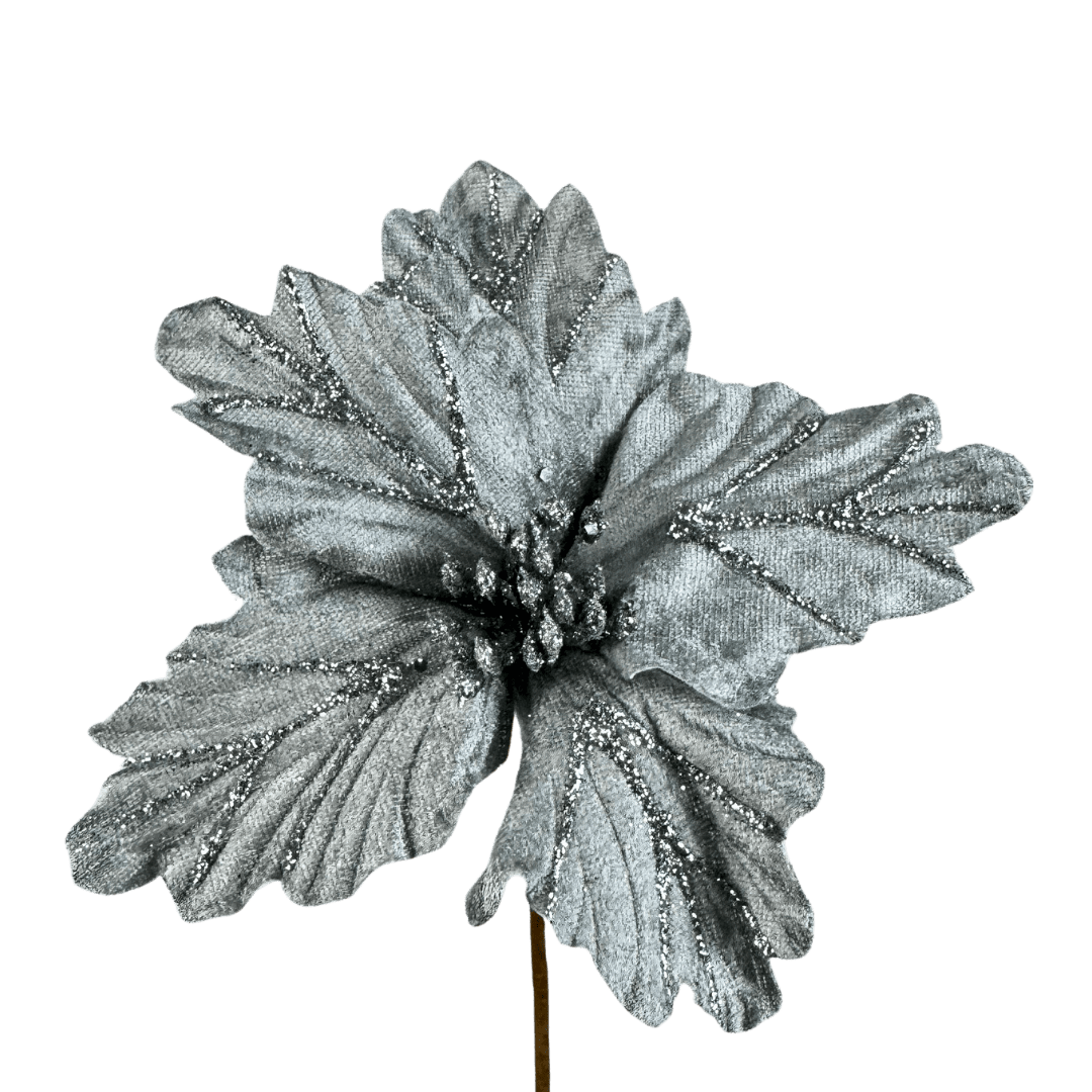 (FLO0563PL) Nochebuena terciopelo plata 23 cm