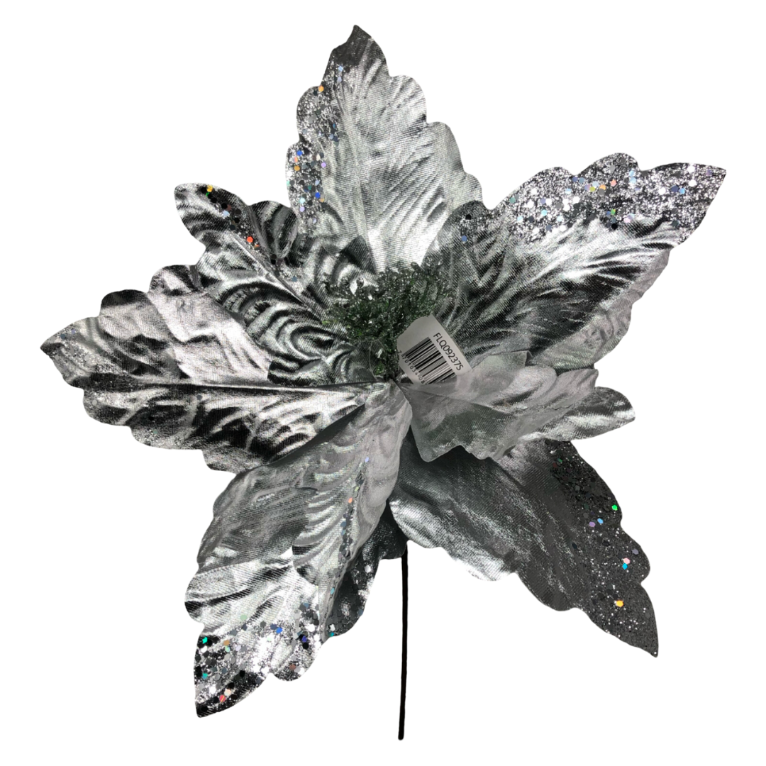 (FLQ09237S) Nochebuena metalica plata 30 cm x 50 cm