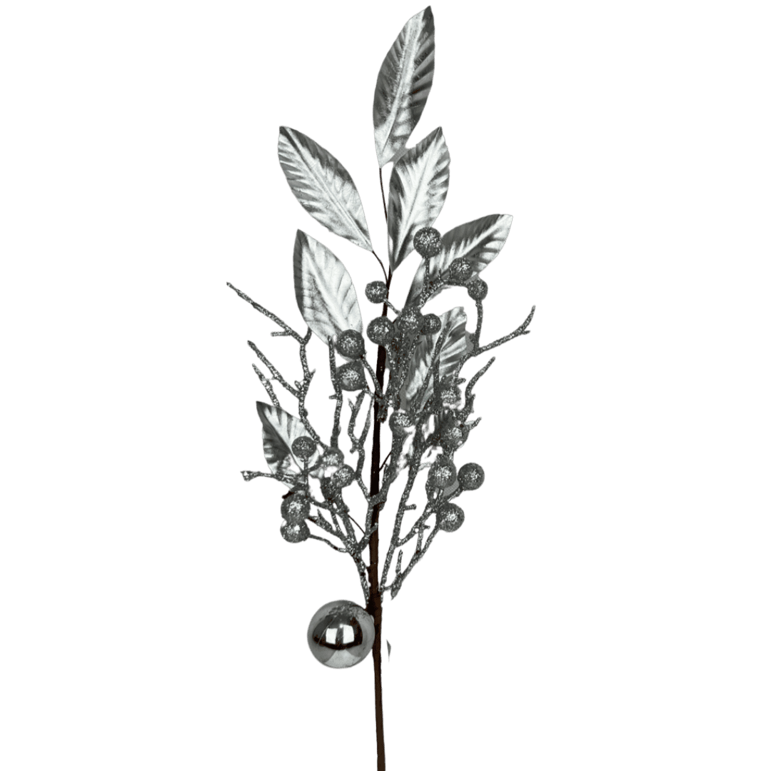 (Flq09771S) Follaje Hojas Con Esfera 52Cm Plata