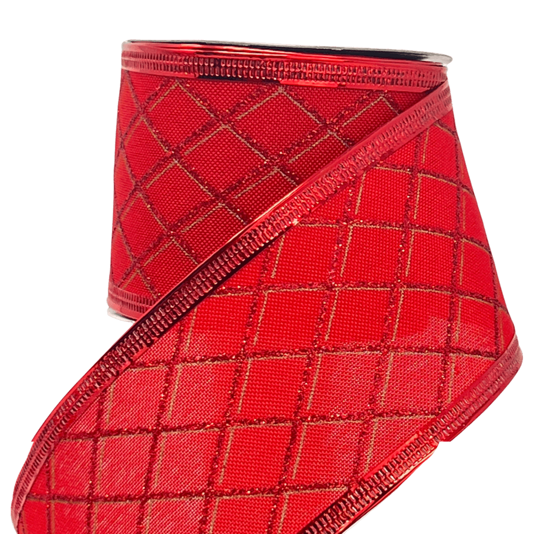 (Tch01544R) Liston navideño Rombos escarchados 6Cm 9M rojo