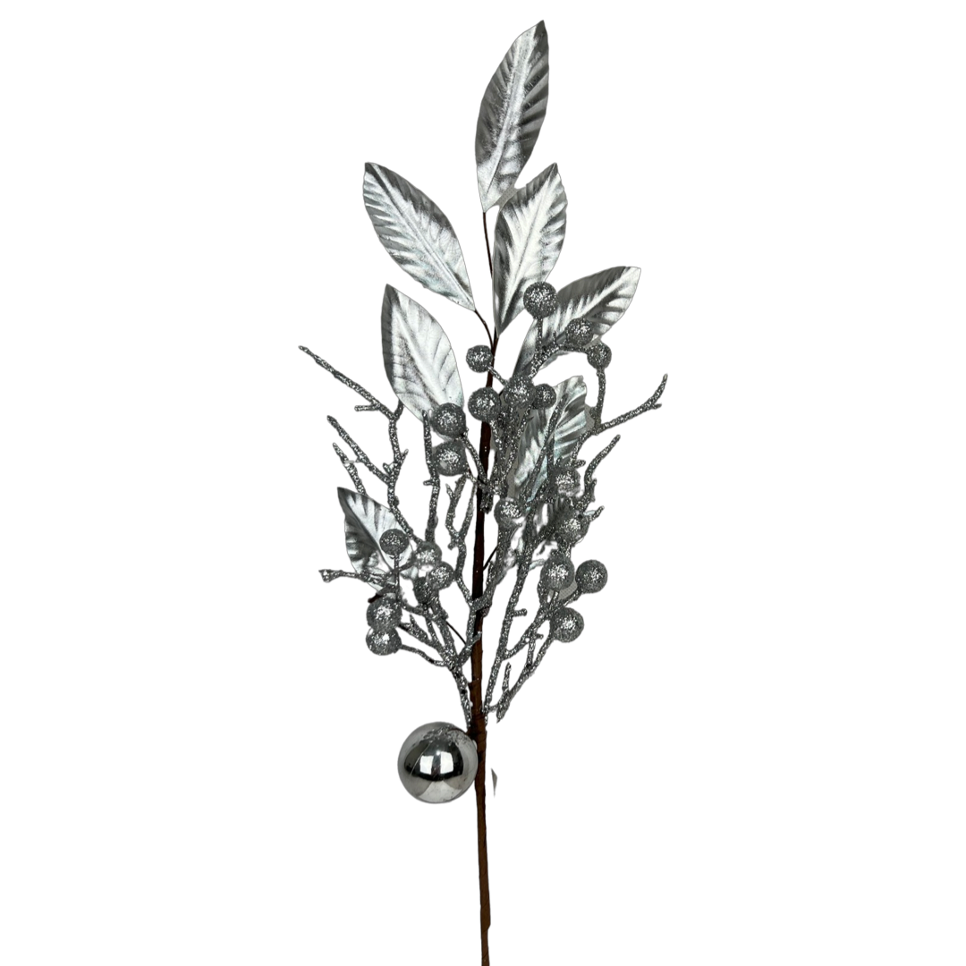 (Flq09771S) Follaje Hojas Con Esfera 52Cm Plata