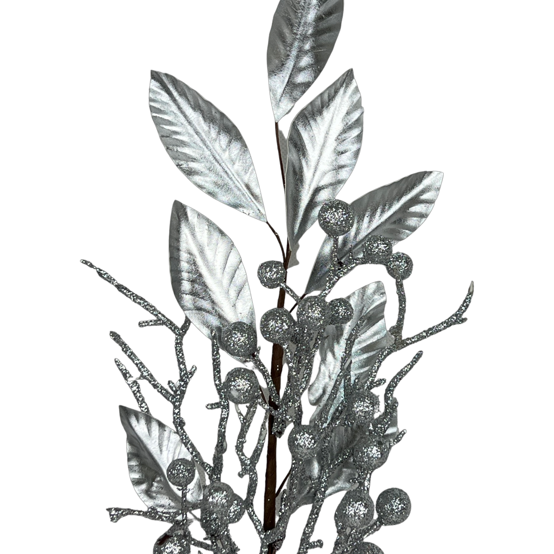 (Flq09771S) Follaje Hojas Con Esfera 52Cm Plata