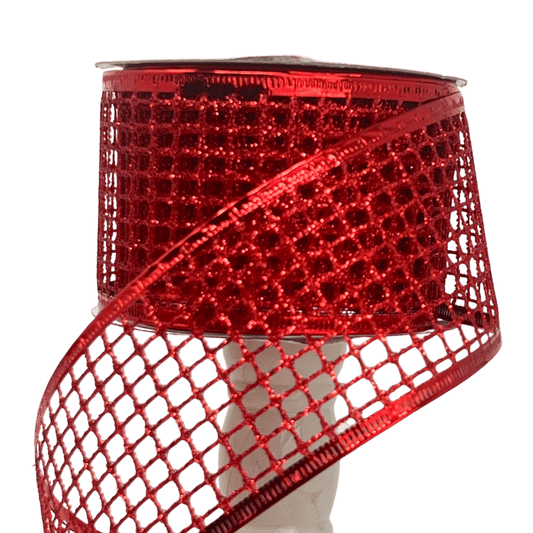 (Tch01284R) Liston navideño Malla C/Alambre 6Cm Rojo