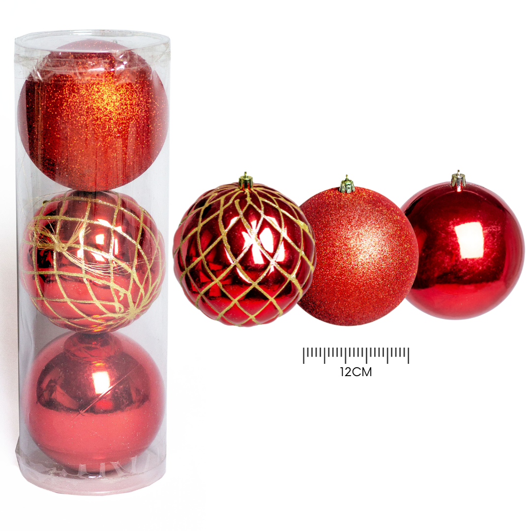 (Bhk00225Rg) Paq. De Esfera De 12Cm C/3Pcs Rojo W/Gold