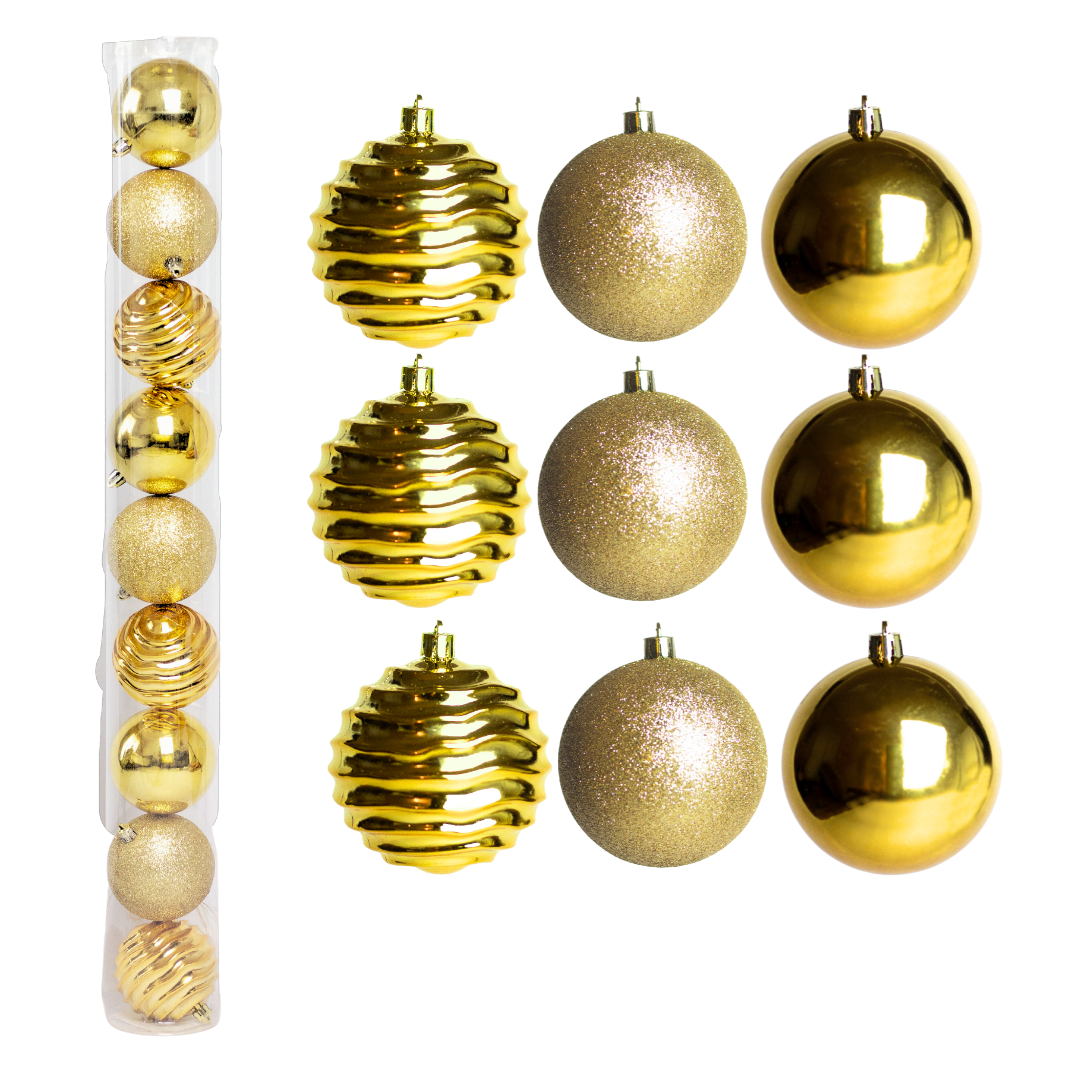 (Bhk01004G) Paq. De Esferas navideñas De 8Cm C/9Pcs, Dorado
