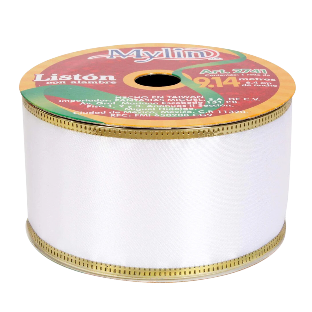 (2741) Liston Satin blanco con orilla dorada 6.4 cm X 9 mts.