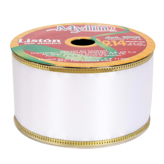 (2741) Liston Satin blanco con orilla dorada 6.4 cm X 9 mts.