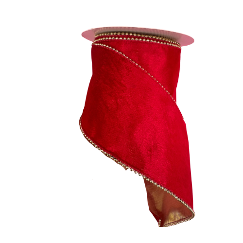 (TCH02079R) Liston Terciopelo Perlas 10 Cm 9 Mts Rojo