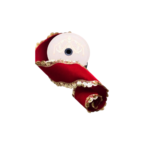 (DS05-1476)Liston Terciopelo Lentejuela Oro 10 Cm 5 Yds Rojo