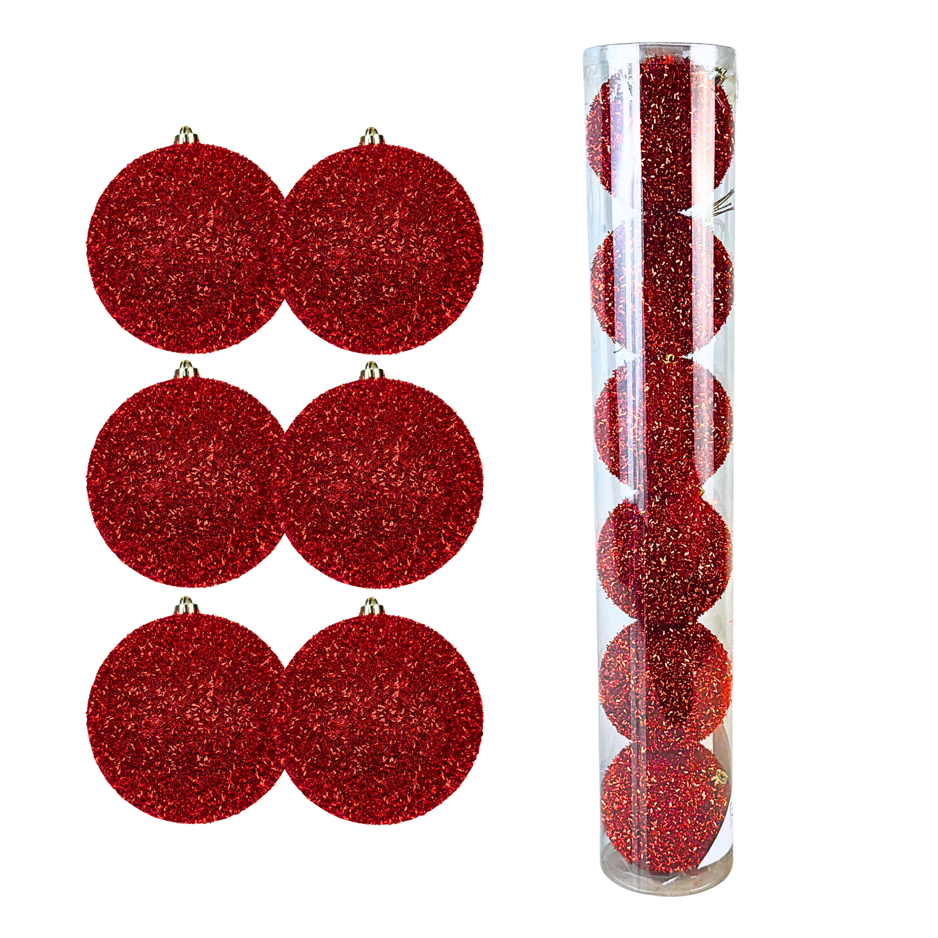 (BHK01211R) Tubo esfera tinsel rojo 10 cm c/6 pz