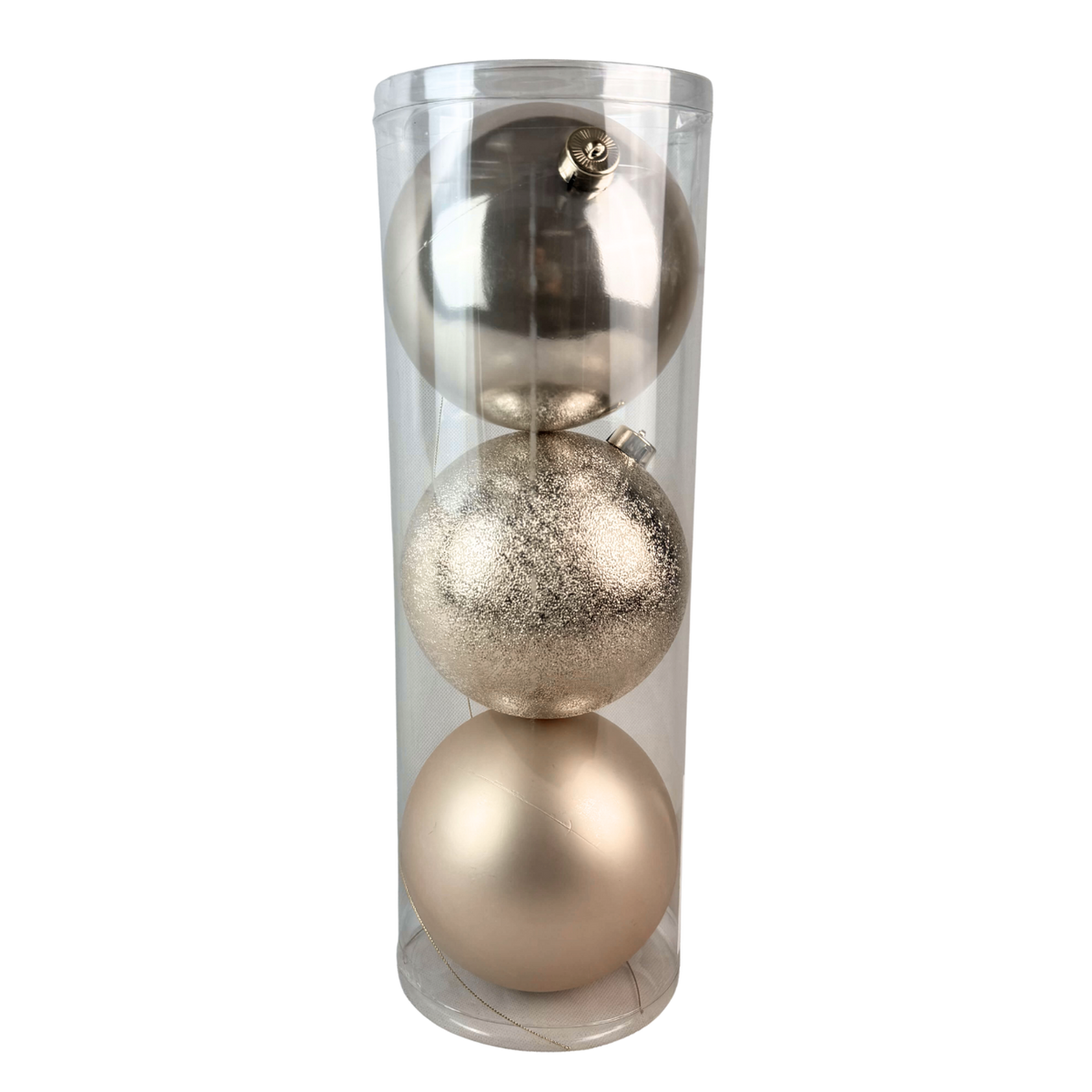 ( BHK01261CH) Paq. Esfera Mixta 15 Cm 3 Pz Champaña