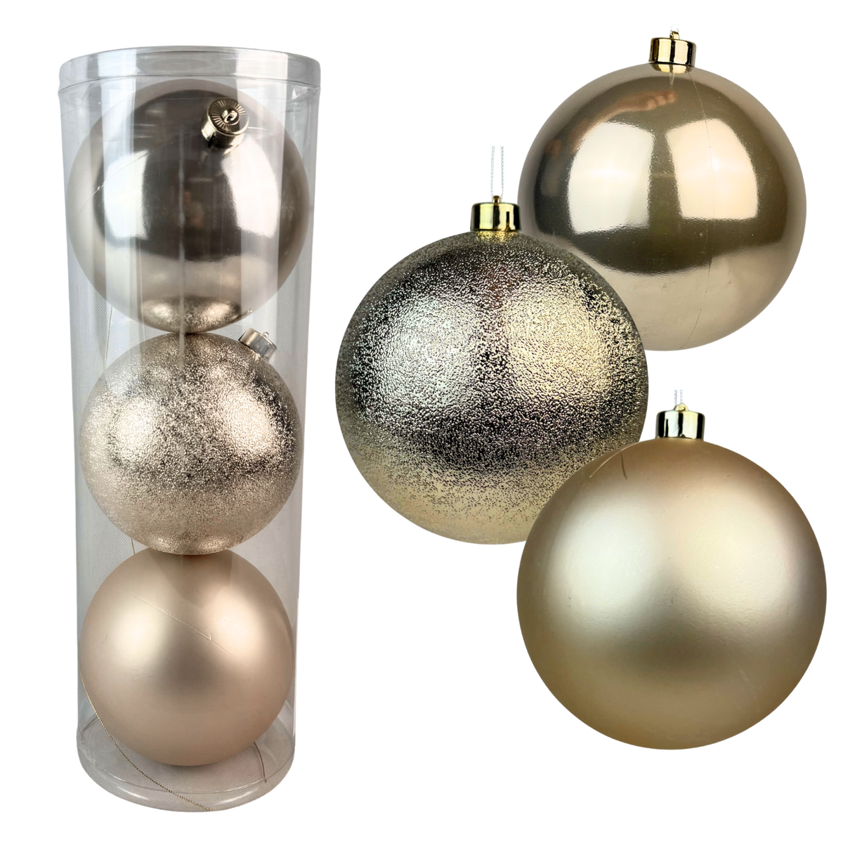 ( BHK01261CH) Paq. Esfera Mixta 15 Cm 3 Pz Champaña