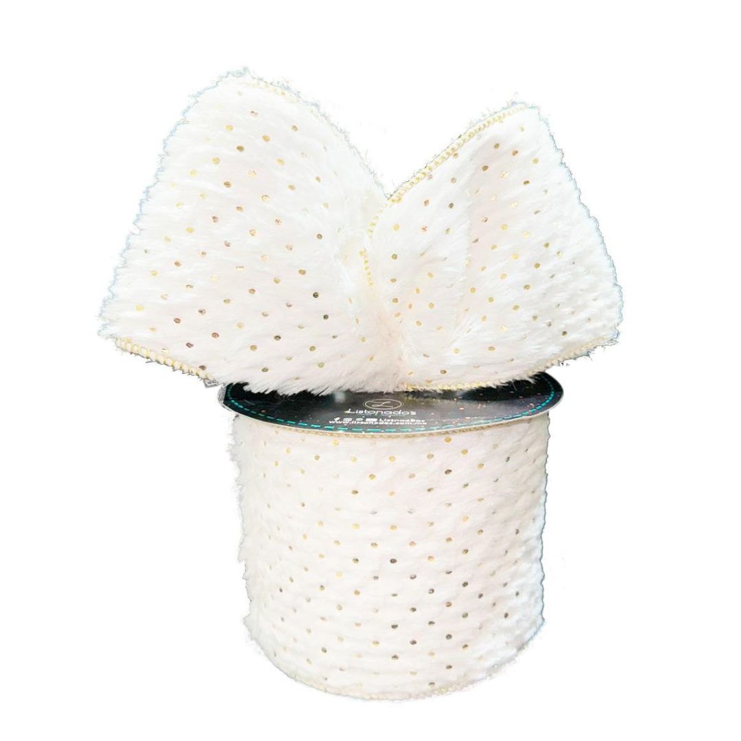 (D2332-030) Liston navideño 10 cm x 9 m blanco/puntos dorados