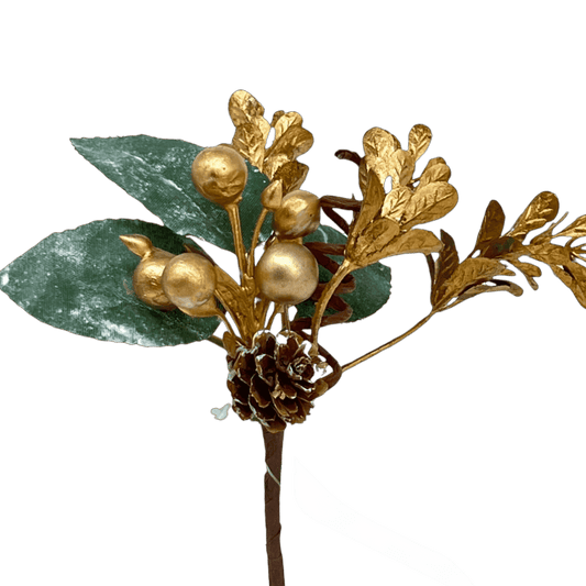(FLA01450G) PICK FOLLAJE CON PIÑAS 15CM ORO