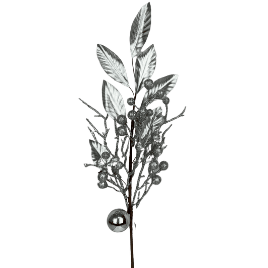 (Flq09771S) Follaje Hojas Con Esfera 52Cm Plata