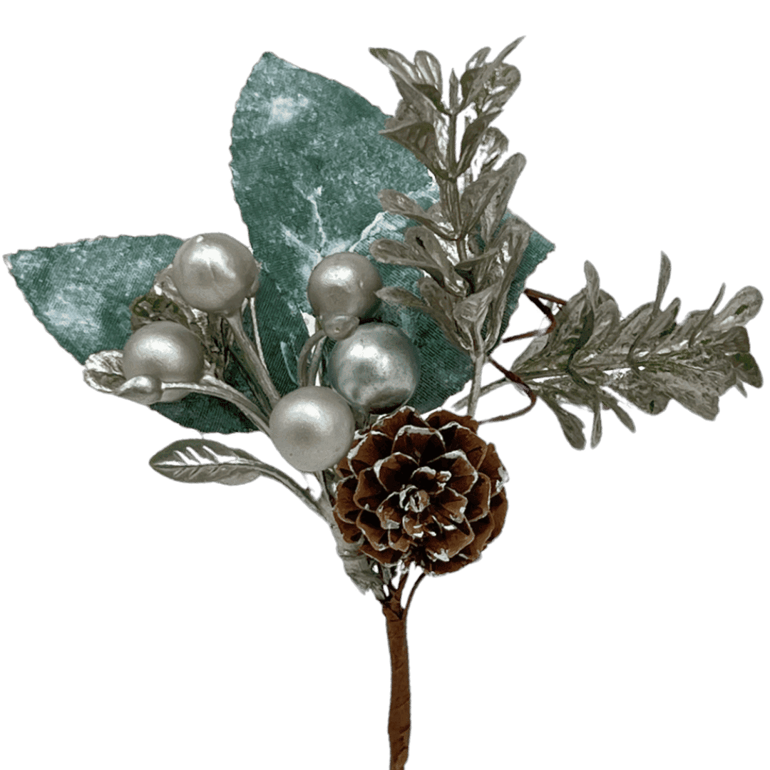 (Fla01450S) Pick follaje con pinas 15 cm plata