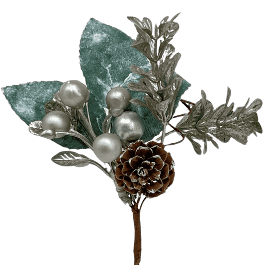 (Fla01450S) Pick follaje con pinas 15 cm plata