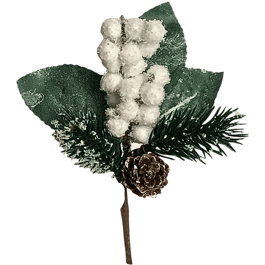 (Fla01451) Pick pino nevado con piña 17 cm blanco
