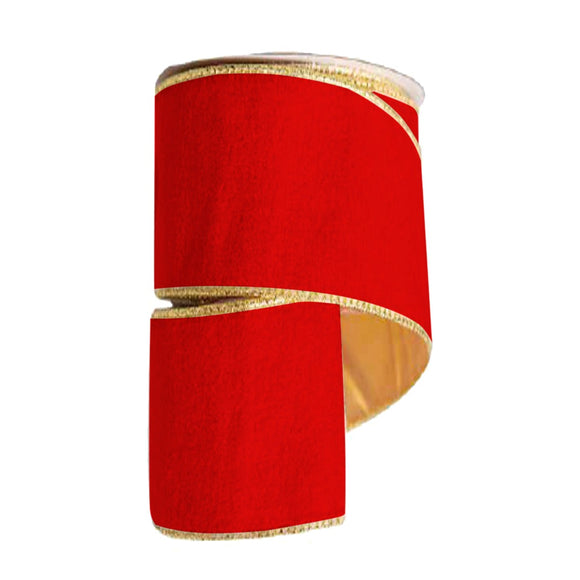 (2325) Liston navideño ancho bicolor terciopelo 10cm 9m rojo con oro