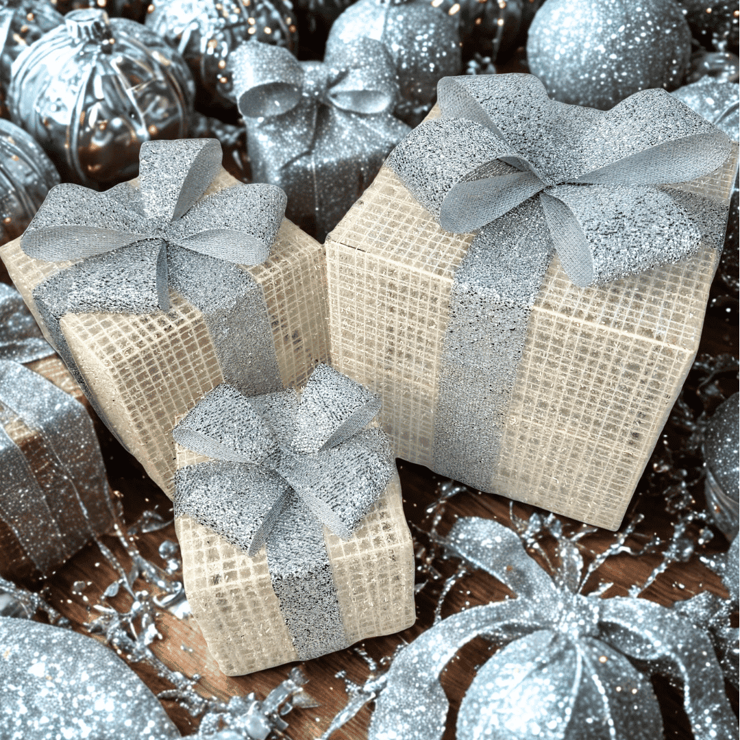 (MTA0004WS) Set de 3 Caja de Regalos 15/20/25cm Blanco con Plata