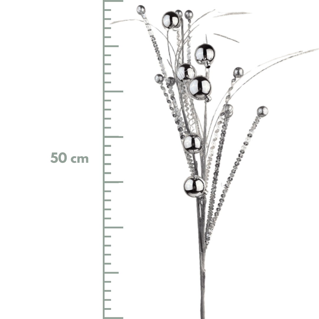 (Qbd00076) Follaje metalico con esferas plata 50 cm