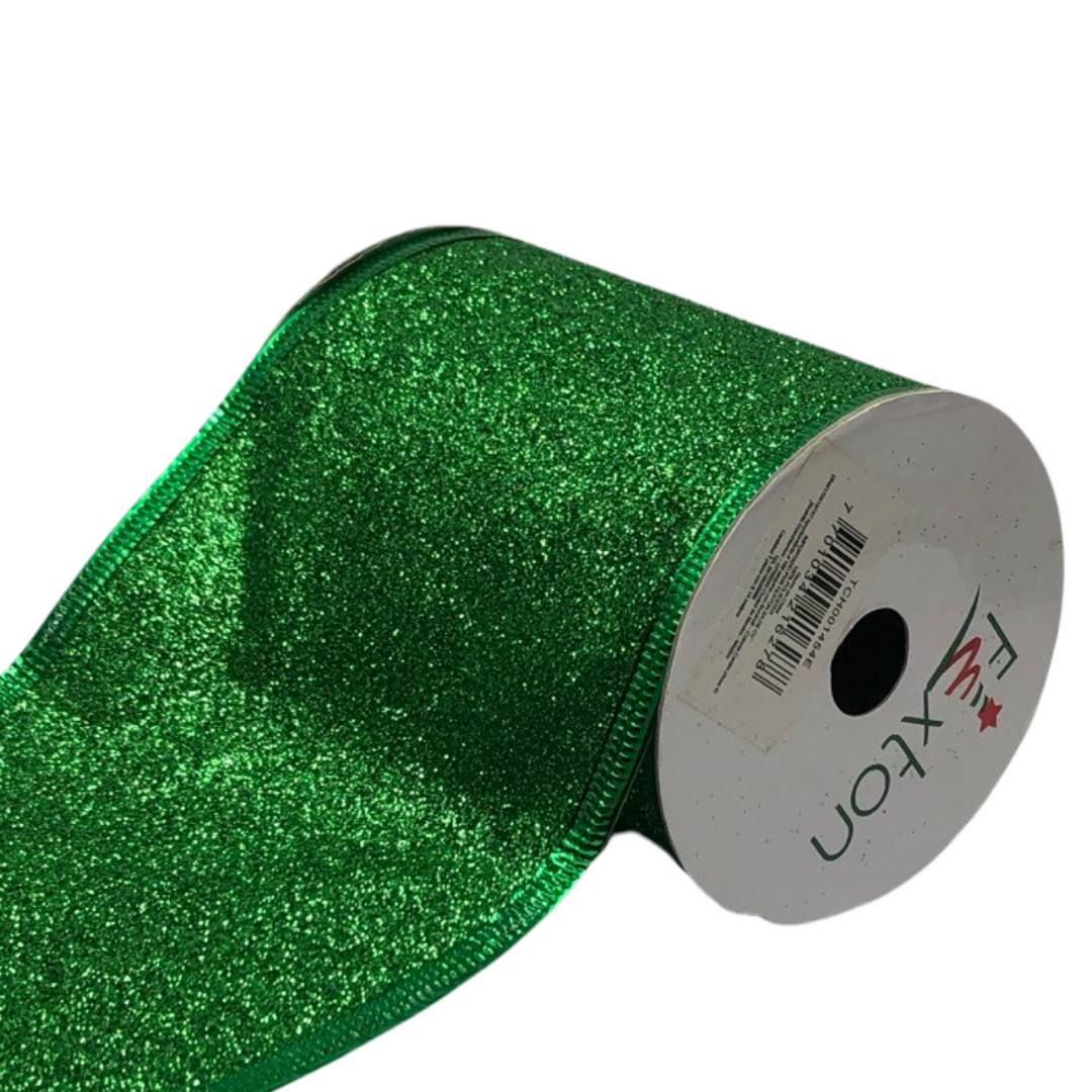 (Tch001454E) Liston navideño escarchado alambre verde 10cm x 9m 