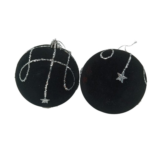 (ESF0263NG) Esfera terciopelo y estrellas 10 cm negro 2 pz