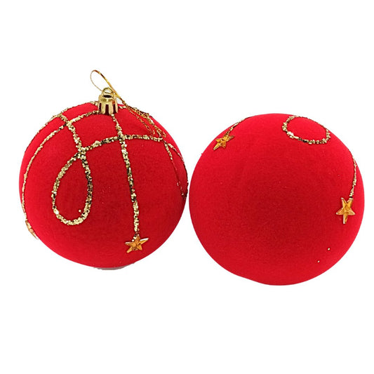 (ESF0263RJ) Esfera terciopelo y estrellas 10 cm rojo 2 pz