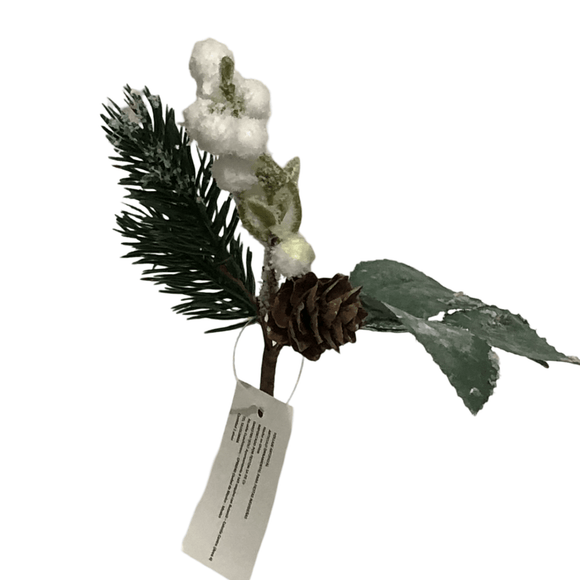 (Fla01451) Pick pino nevado con piña 17 cm blanco