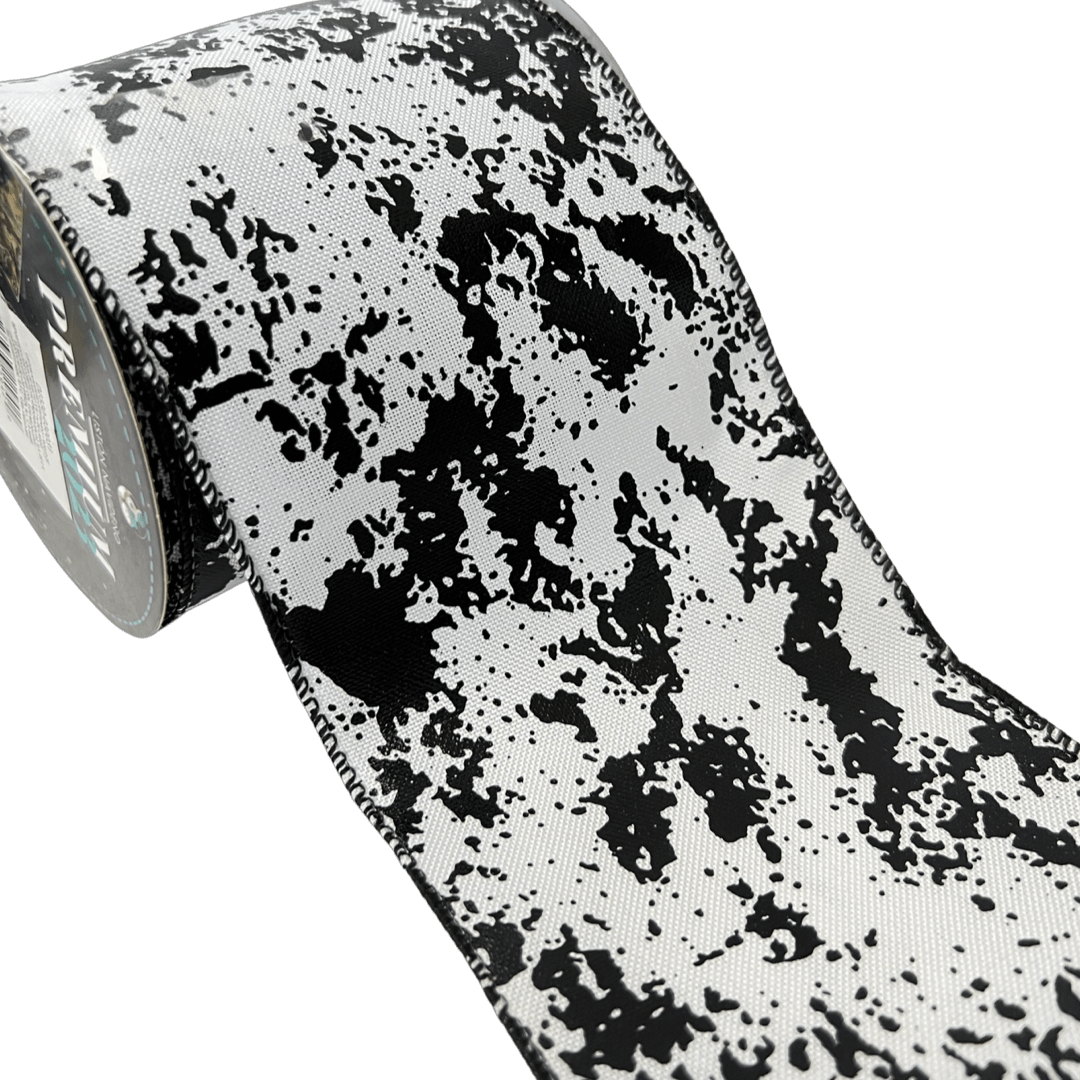 (2324) Liston navideño ancho 10cm 9m blanco con foil negro
